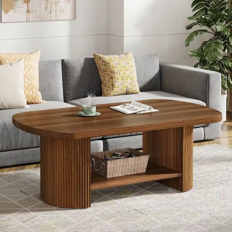 Mesa de centro rústica de madera con estantes de almacenamiento